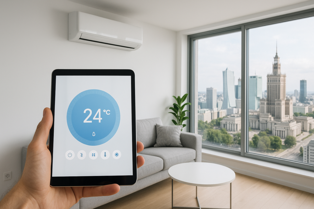 Nowoczesny klimatyzator sterowany przez Wi-Fi w mieszkaniu w Warszawie