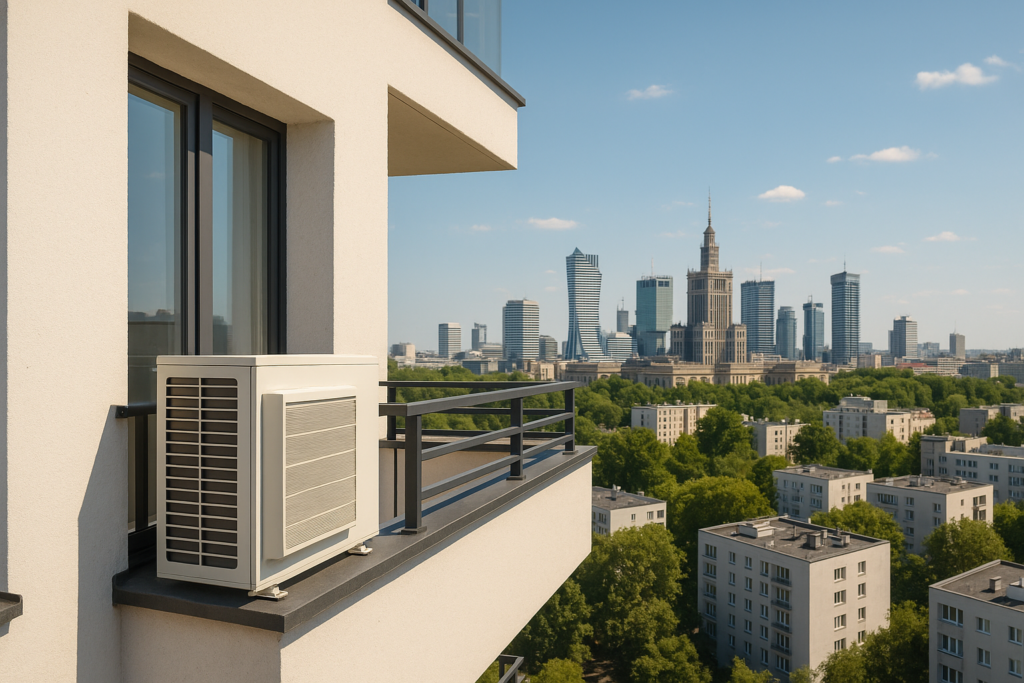 Jednostka zewnętrzna klimatyzatora zamontowana na balkonie w bloku w Warszawie