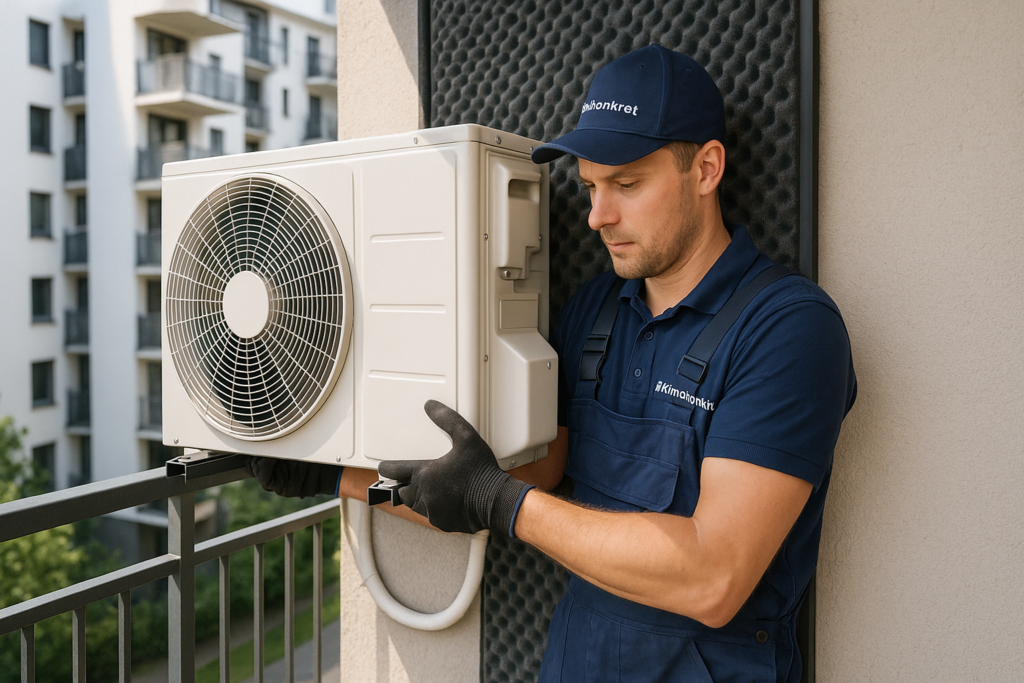Montaż klimatyzacji w warszawskim bloku – technik przy jednostce zewnętrznej